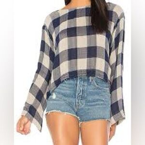Chelsea & Violet Blue and White Buffalo Check Print Cropped Long Sleeve